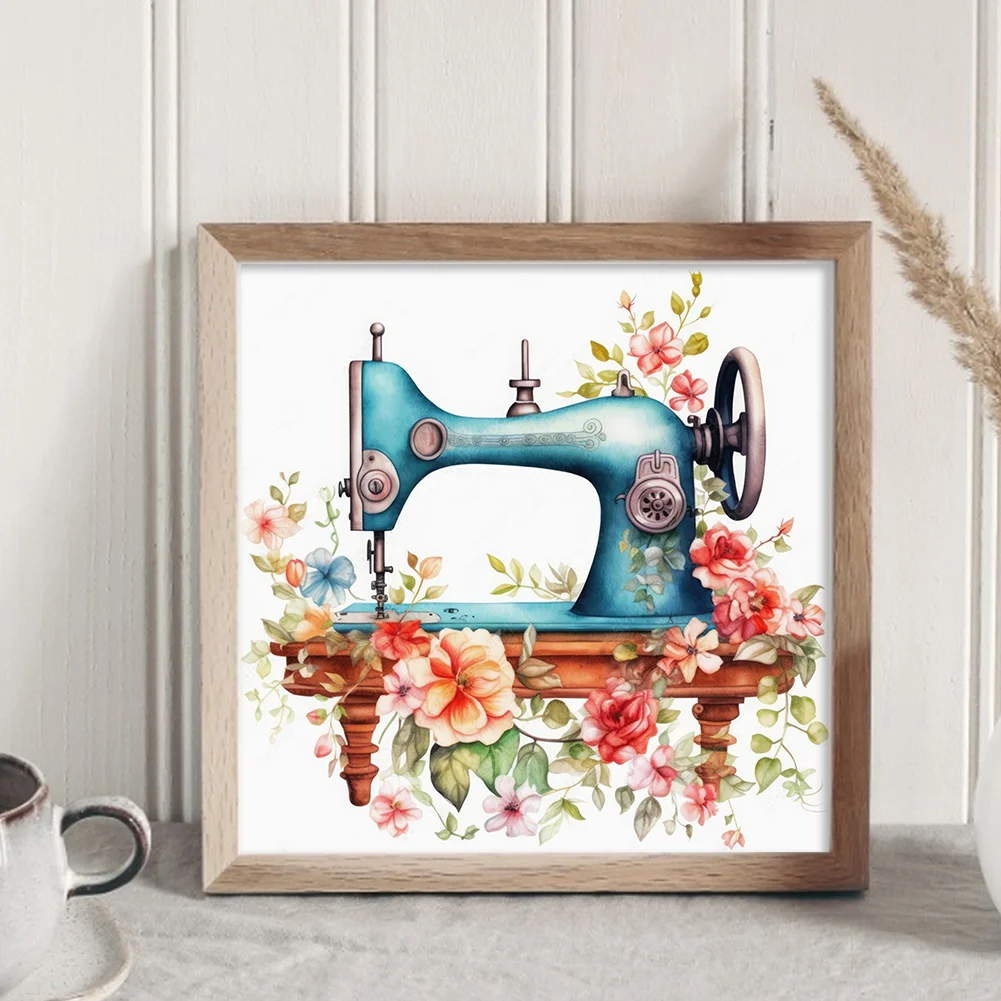 DIY Stamped Cross Stitch 14CT Full Embroidery 40*40cm - Vintage Flower Sewing Machine