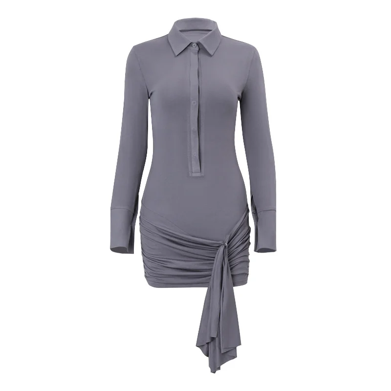 Uveng Uveng Autumn New Women's Fashion Polo Collar Breasted Slim Pure Color Long Sleeve Strap Wrapped Hip Skirt