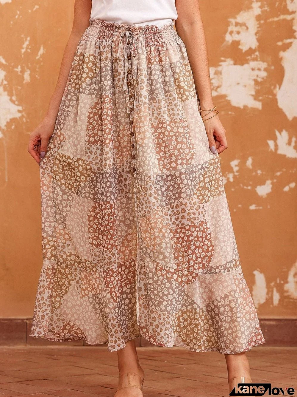 Apricot Floral Smocked Boho Maxi Skirt with Button Front Slit