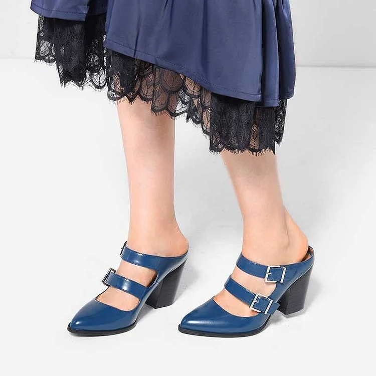Blue Double Strap Buckled Block Heel Mules for Women |FSJ Shoes