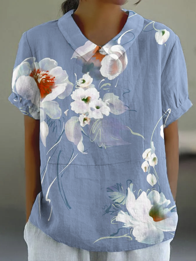 Women's White Floral Print Short Sleeve Lapel Top socialshop