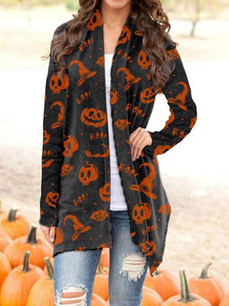 Halloween Printed Long Sleeve Casual Cardigan For Women