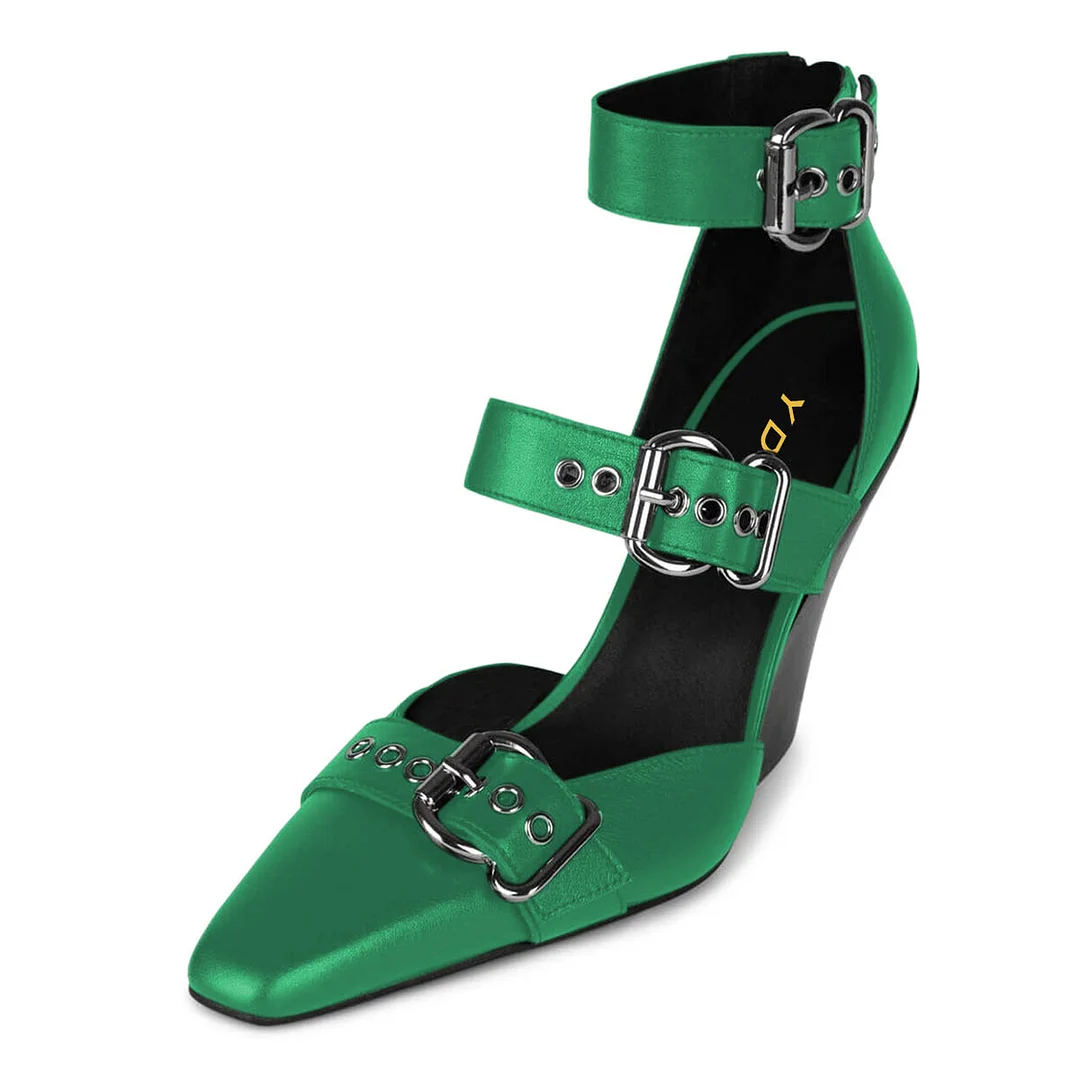Green Chunky Heel Square Toe Grommets Strap Pumps Shoes with Buckle