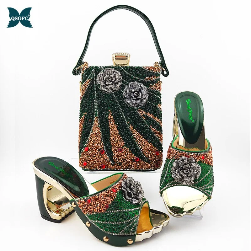 QSGFC Peach Color Italian Elegant Shoes for Women Bag Set for Party and Wedding Cristal High Quality Tile Drill Face Design