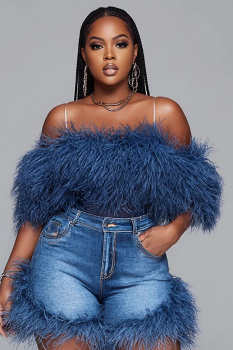Xpluswear Design Plus Size Party Blue Cold Shoulder Feather See Through Faux Fur Tops [Pre-Order]