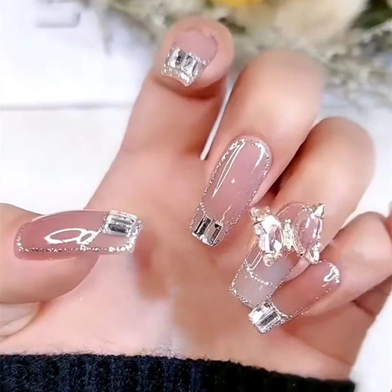 24PCS Fake Nails with Shiny Bow Diamond Design  Long Coffin Head French Style Press on Nails Wearable Full Finished Nail Patches-Nail Inspo