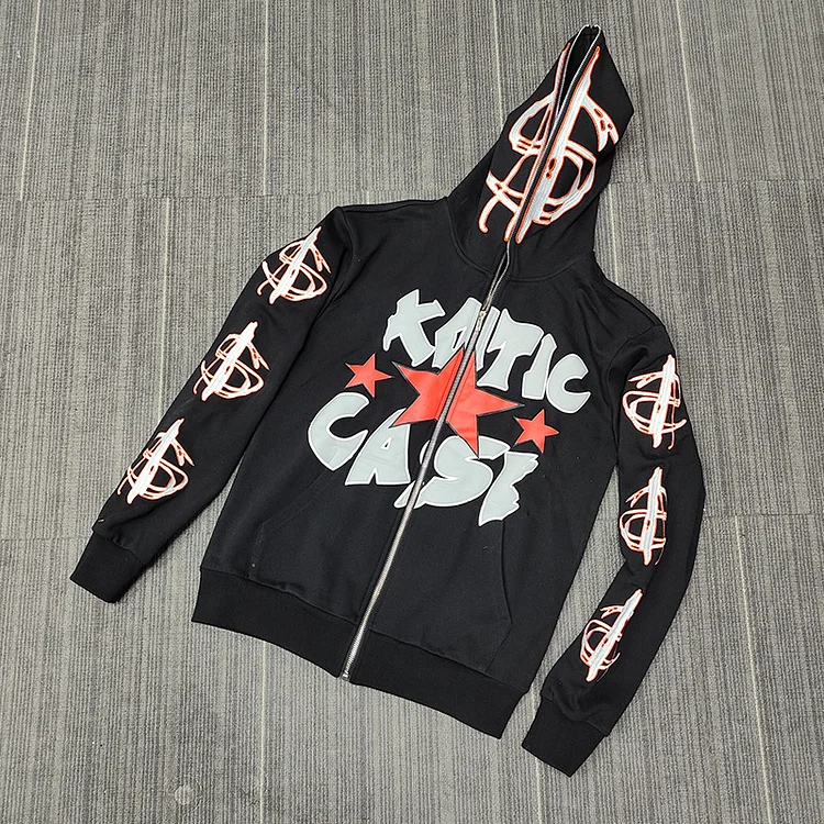 Star Letter Print Sweatshirt Oversized Y2k Street Hip Hop Casual Full Zip Up Hoodie at Hiphopee