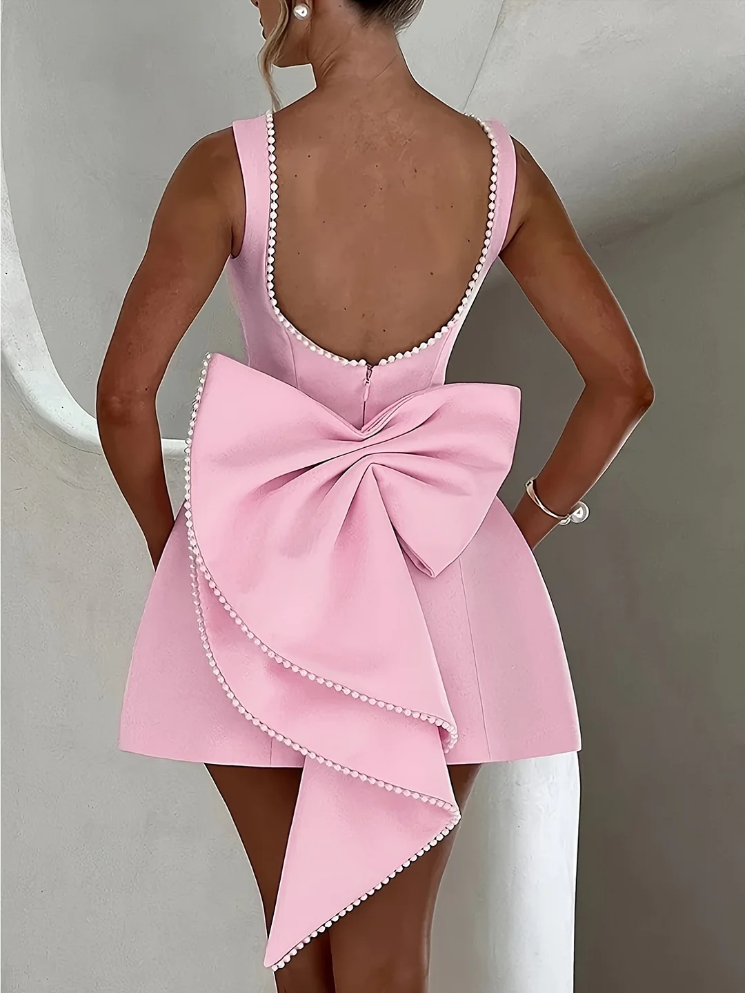 Women's Elegant Pink Open Back Mini Dress With Big Bow & Pearl Trim - Soft Light Beige-Friendly Washable Fabric, Sleeveless Square Neck Cocktail Party Dress, Form-Fitting Top & Flowy Skirt With Pockets, Summer Formal Evening Outfits For Women