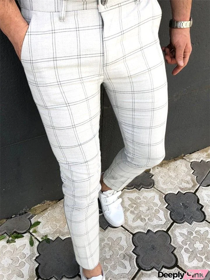 Trendy Simple Style Plaid Pattern Leisure Solid Color Pants With Pockets