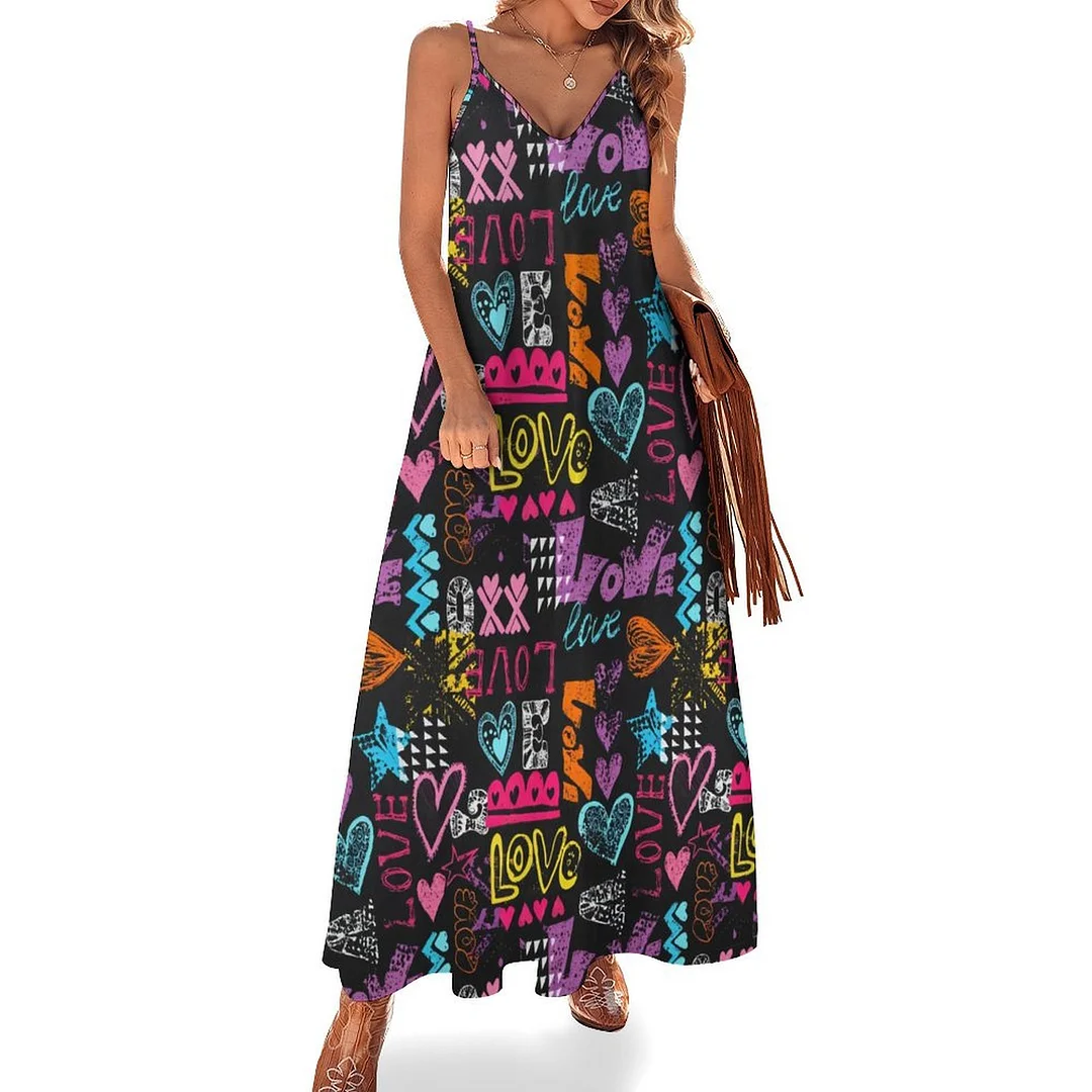 Style & Comfort for Mature Women Plus Size Printed Sling Casual Women Maxi Dress in Pattern Heart, Love, Valentine's Day