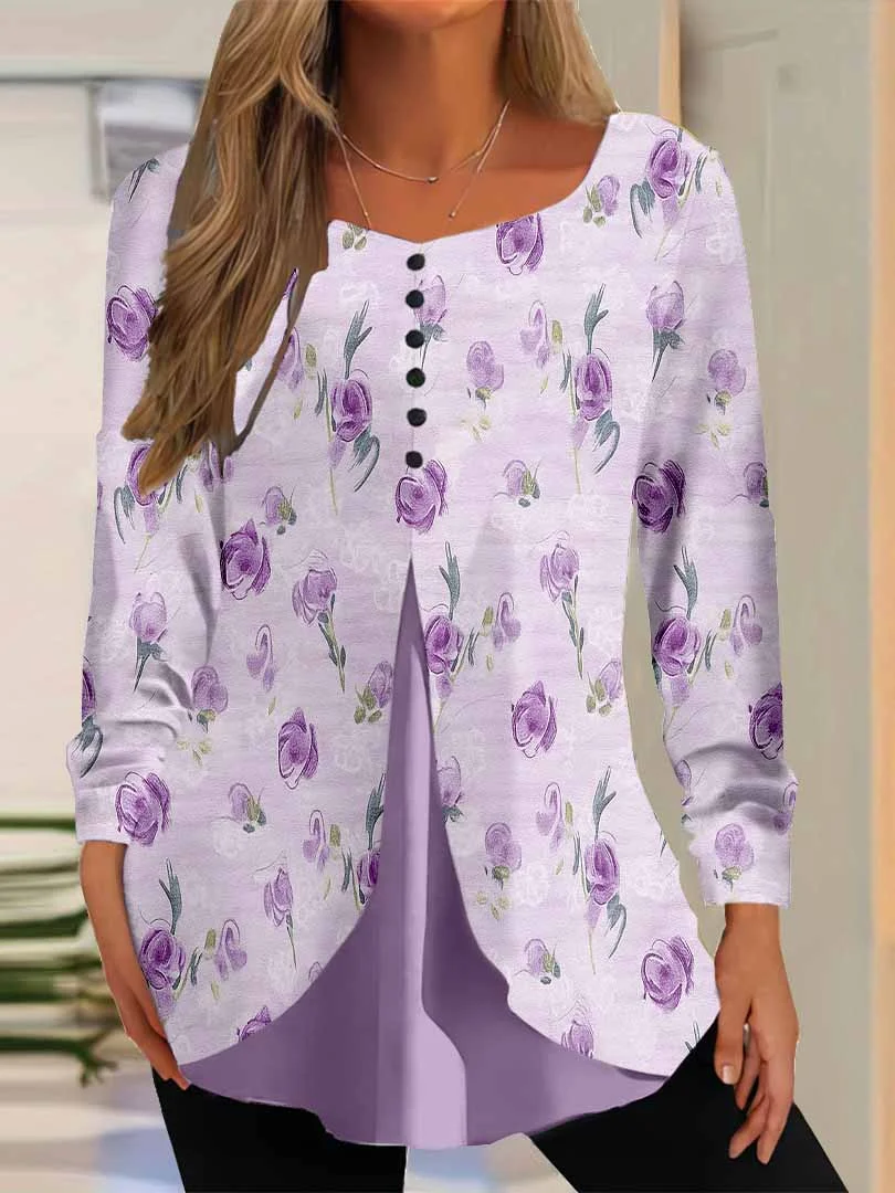 Women Floral,Purple DZGG8309 Long Sleeve Scoop Neck Printed Graphic Button Fake 2in1 Tops