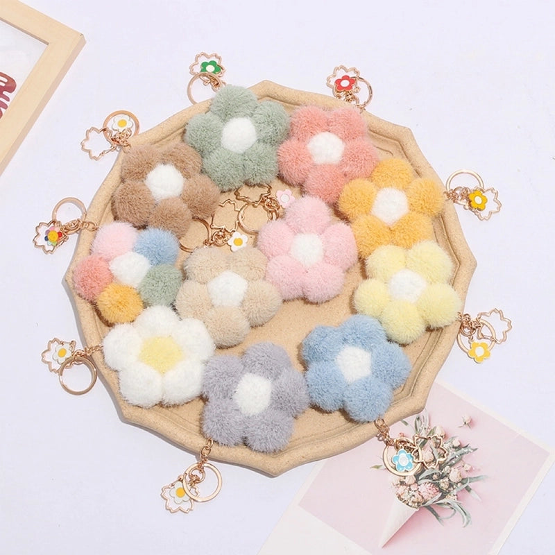 Colorful Small Flower Fur Ball Keychain Bag Ornaments Small Decorative Metal Alloy Flower Plush Key Pendant