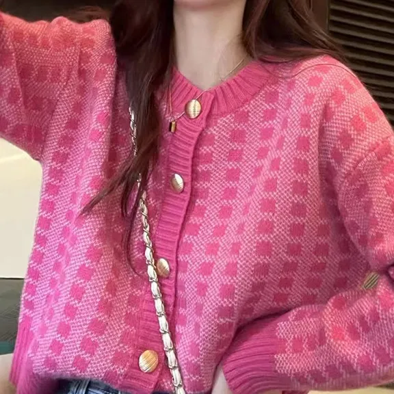 Churchf Churchf Style Short Temperament Socialite Small Sweater Hot Style Coat Jacket Small Fragrant Wind Pink Plaid Sweater Woman