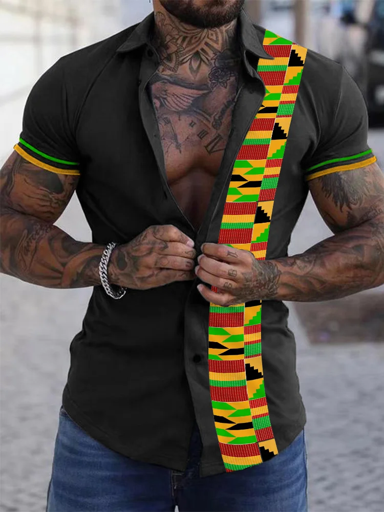 BrosWear Men's Africa Kente Graphic Short Sleeve Blouse