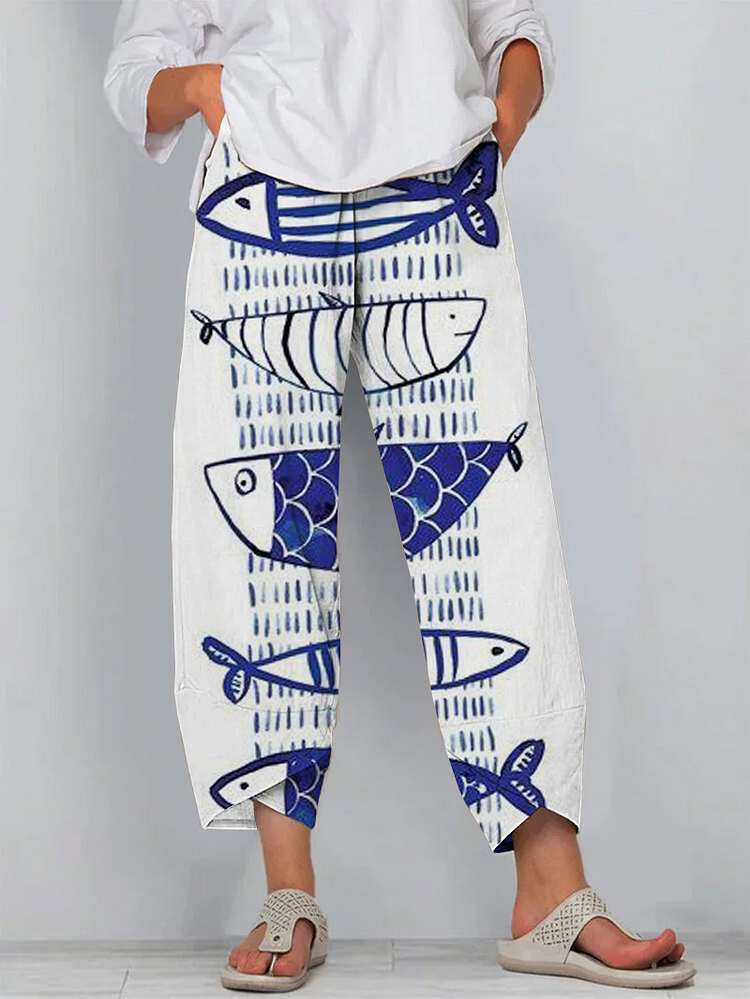 Japanese Blue Sardines Art Print Cropped Pants