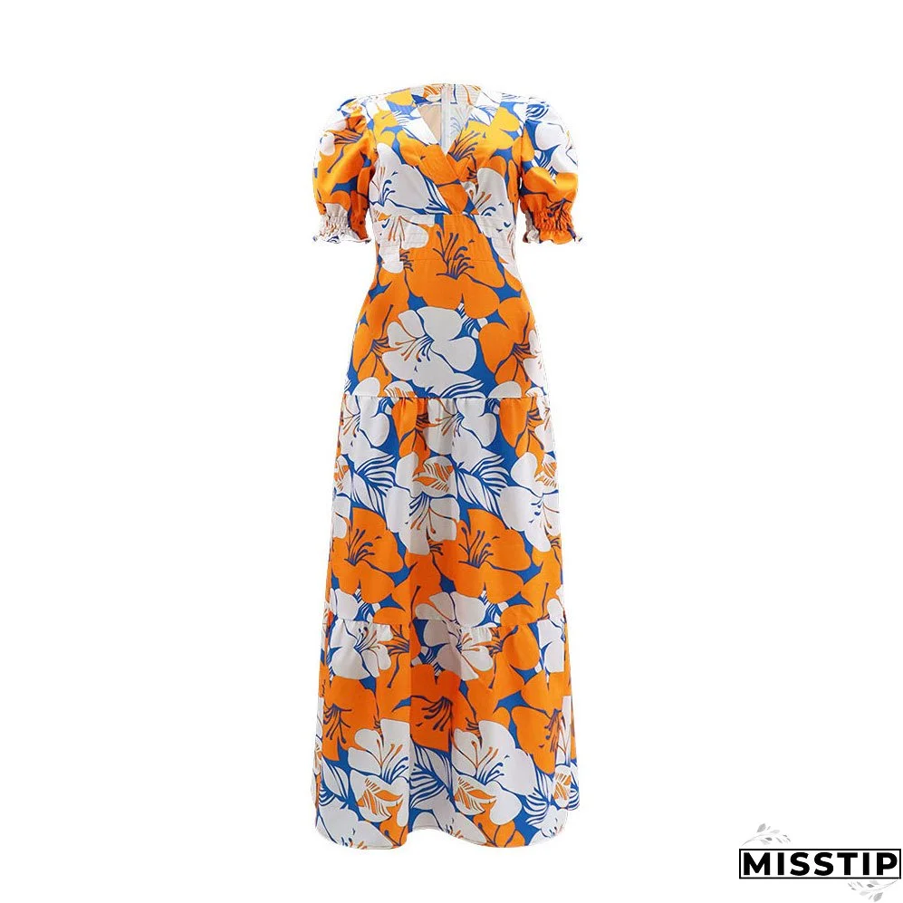 Women Elegant Printed V-Neck Puff Sleeve Patchwork Maxi Dress