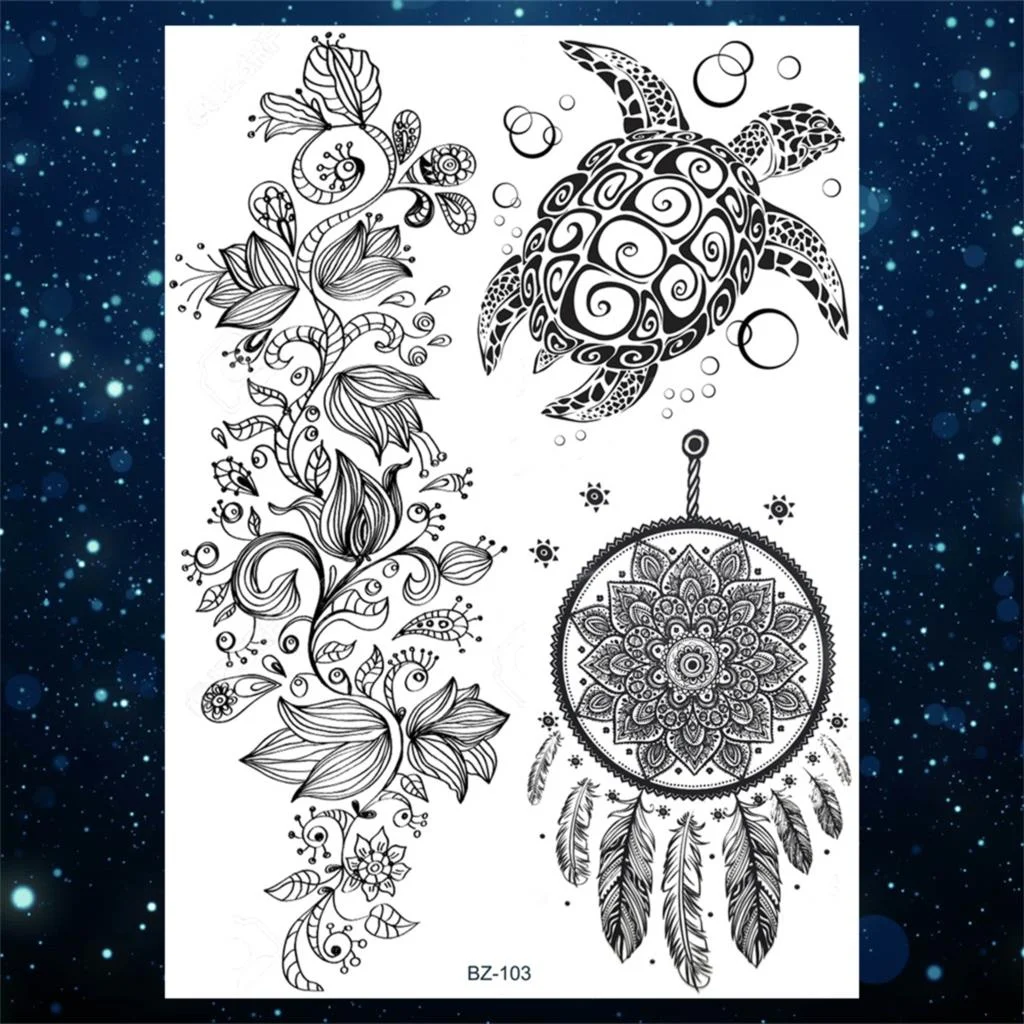 Sdrawing Henna Temporary Tattoos For Women Girls Feather Butterfly DreamCatcher Fake Gem Tattoo Sticker Chest Arm Tatoos Tribal