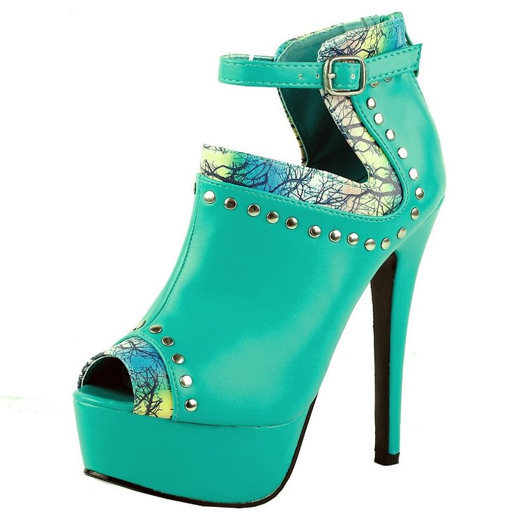 Turquoise Studded Peep Toe Stiletto Boots Platform Heels Ankle Boots |FSJ Shoes