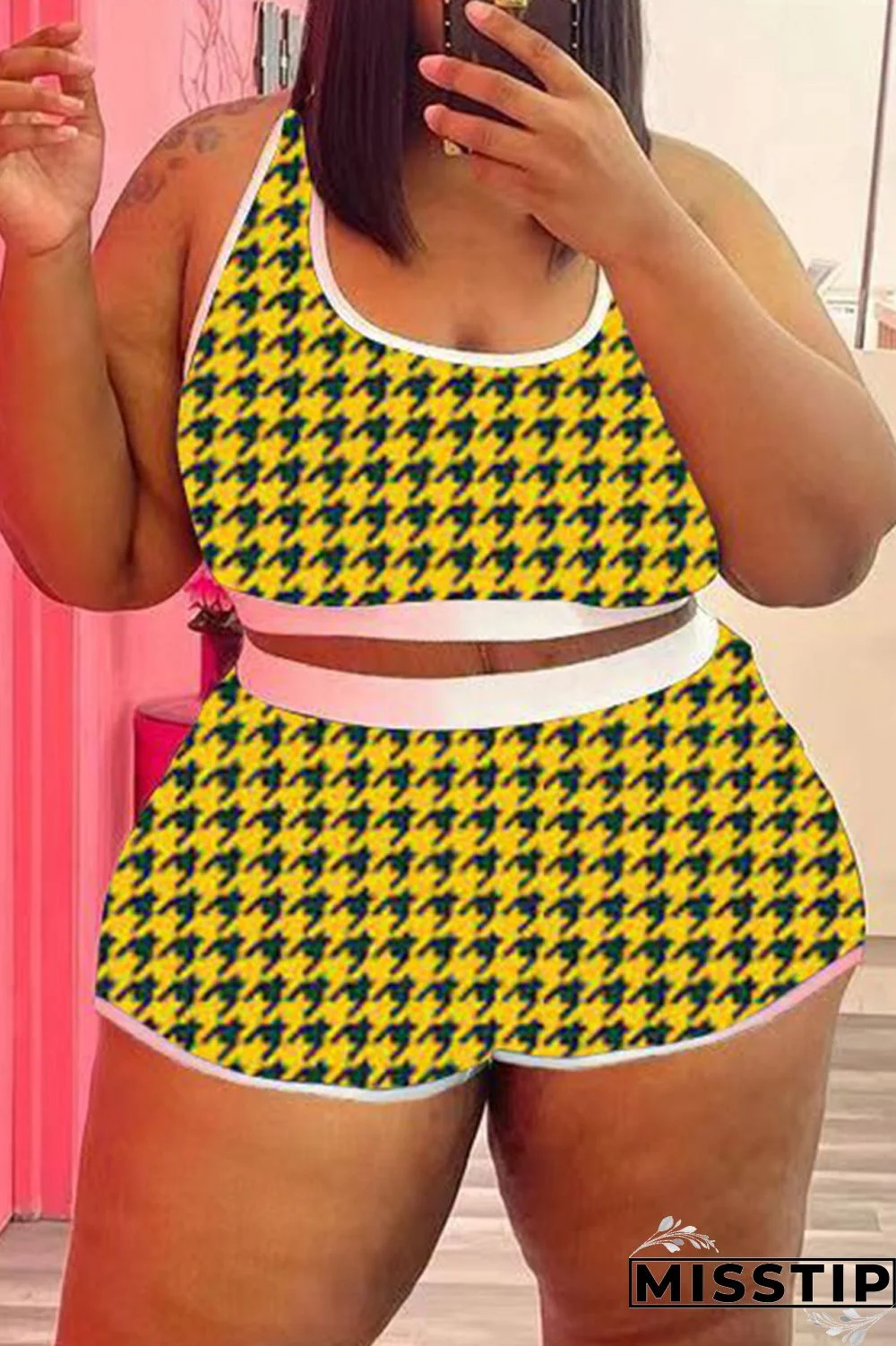 Yellow Fashion Casual Print Vests U Neck Plus Size Two Pieces