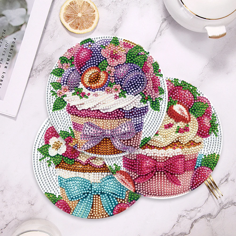 4pcs DIY Cake Acrylic Diamond Painting Placemats Kitchen Dish Mat with Holder