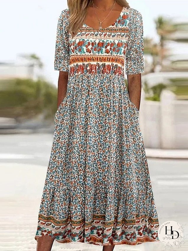 Casual Dress Summer Dress Boho Dress Floral Ruched Pocket Crew Neck Midi Dress Fashion Modern Outdoor Daily Short Sleeve Regular Fit Pink Dark Blue Light Blue Summer Spring S M L XL XXL for Women
