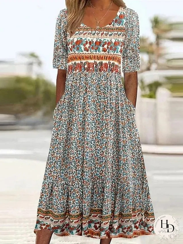 Casual Dress Summer Dress Boho Dress Floral Ruched Pocket Crew Neck Midi Dress Fashion Modern Outdoor Daily Short Sleeve Regular Fit Pink Dark Blue Light Blue Summer Spring S M L XL XXL for Women