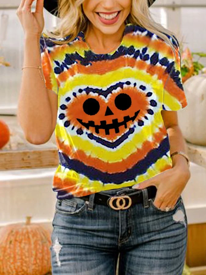 Women's Autumn Pumpkin Grimace Tie-Dye Comfort T-Shirt