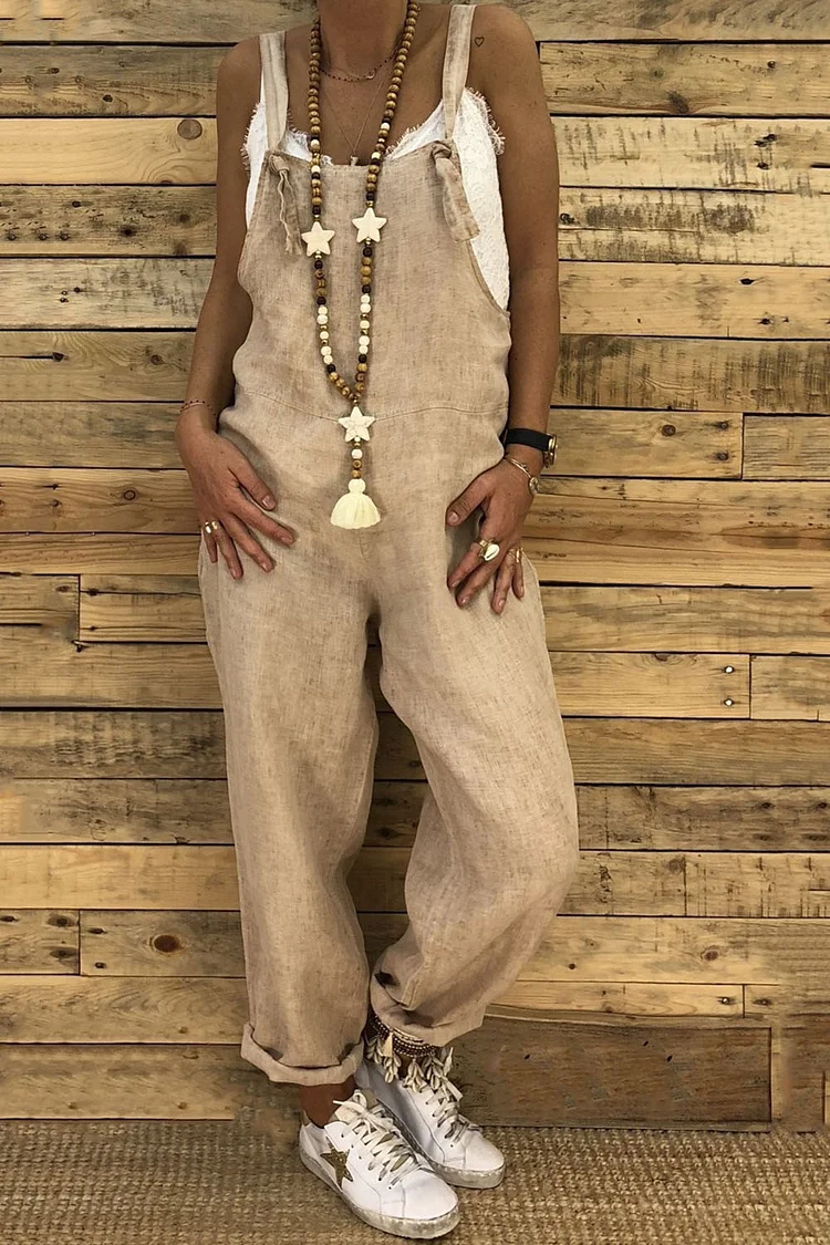 Plus Size Casual Khaki Cotton And Linen Plain Loose Overall  Flycurvy [product_label]