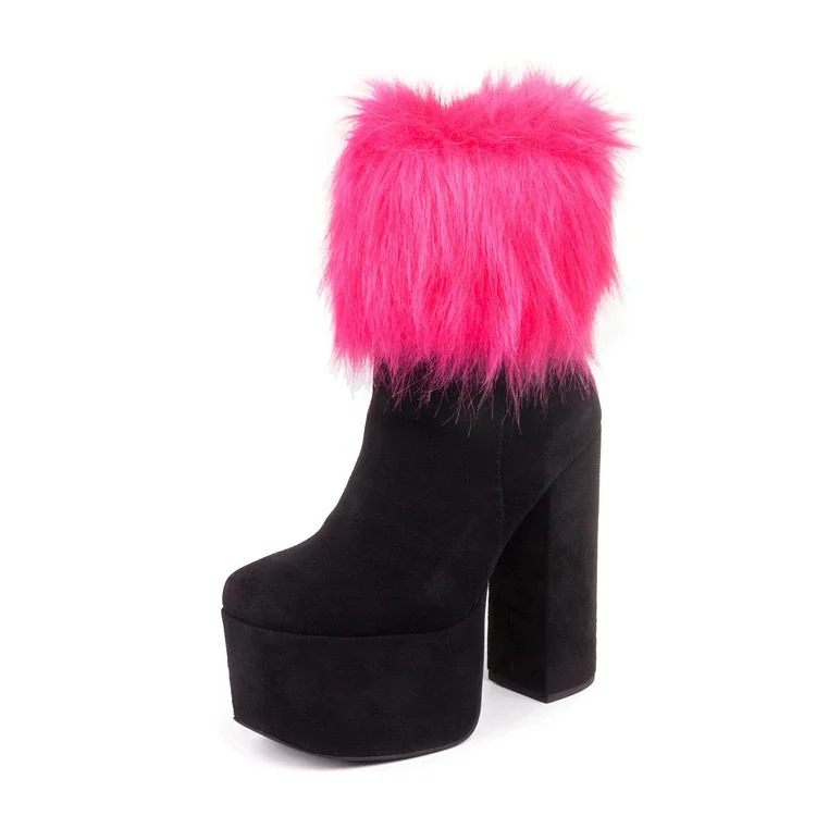 Black Vegan Suede Pink Fur Boots Chunky Heel Platform Ankle Boots |FSJ Shoes