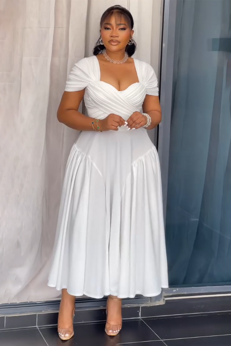 Cap Sleeve Overlap Gathered Hem Daily Solid Maxi Dresses-White