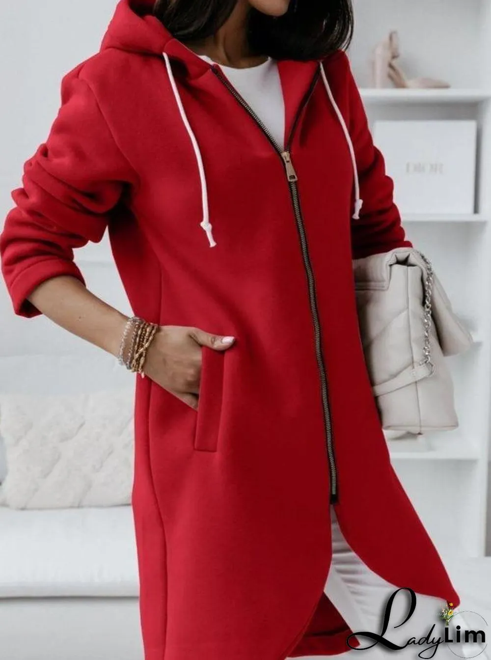 Engine Red Uneven Hem Zippered Hoodie Cardigan