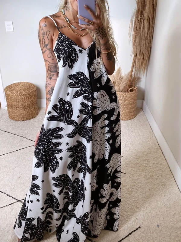 Printed Suspender Backless Loose Sexy Long Dress-Mayoulove