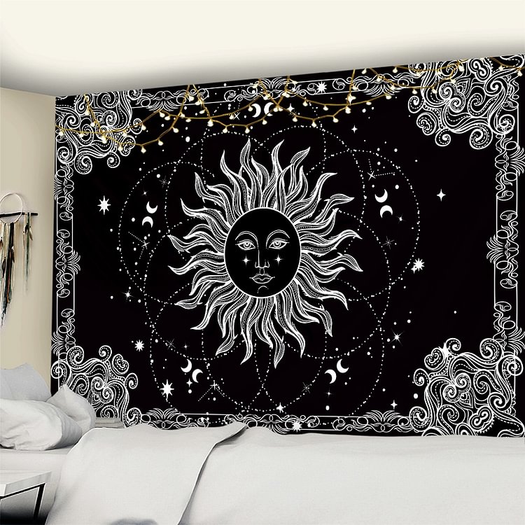 White Black Sun Moon Wall Hanging Starry Sky Tapestry Hippie Bohemian Decoration Psychedelic Scene Background Cloth Yoga Mat