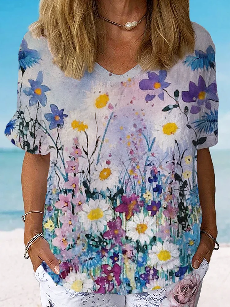 Women's Watercolor Flower Art Print Casual Cotton And Linen Shirt