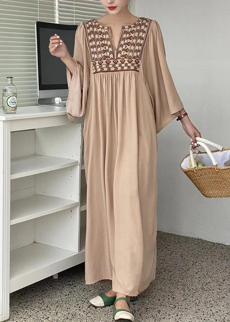 Simple Khaki Embroideried Oversized Cotton Vacation Dresses Batwing Sleeve