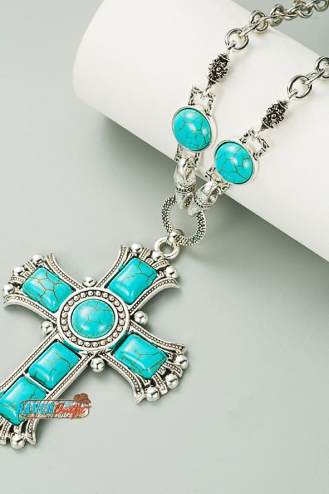 Vintage Turquoise Cross Pattern Necklace Blue Accessories