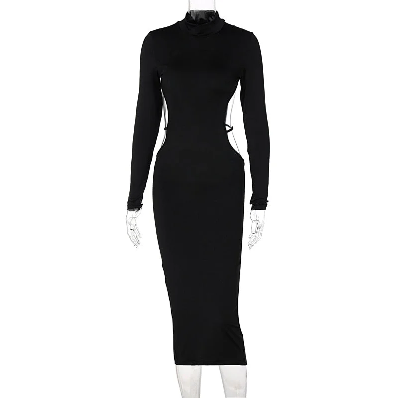 Sexy Women Backless Midi Dress Turtleneck Long Sleeve Elegant Slim Dresses 2021 Autumn Black Casual Basic Bodycon Robe