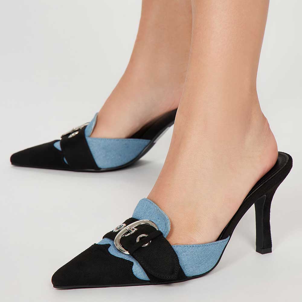 Black & Blue Denim Closed Toe Kitten Heel Buckled Mules Nicepairs