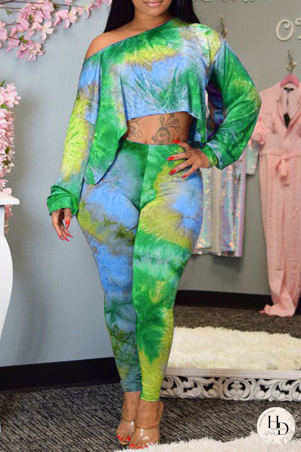 Green Fashion Casual Print Tie-dye Oblique Collar Long Sleeve Two Pieces