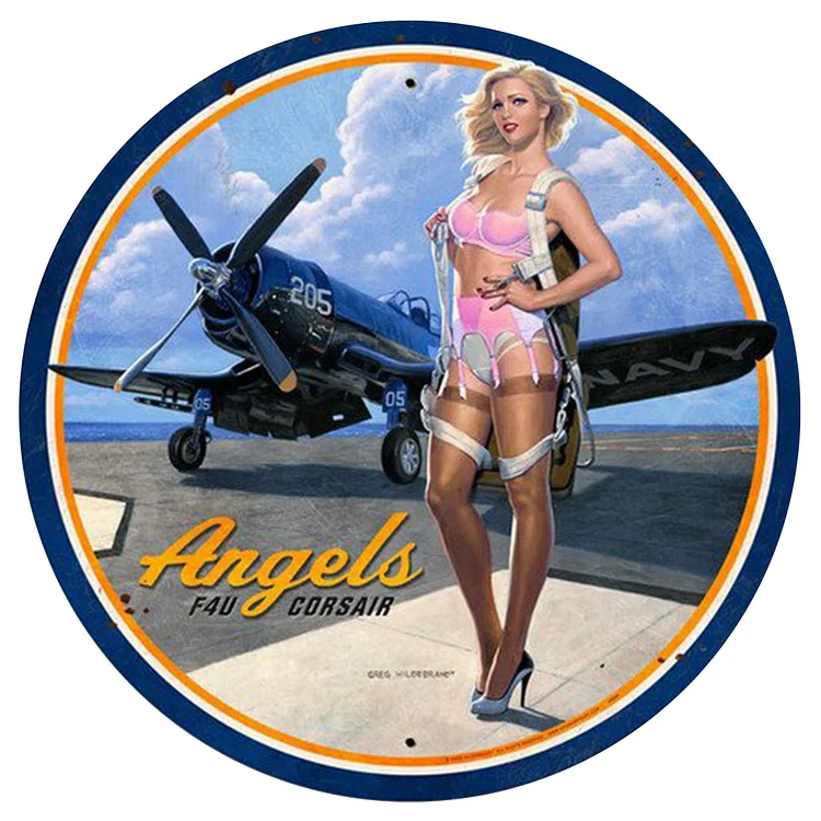 Plane Bikini Lady - Round Vintage Tin Signs/Wooden Signs - 11.8x11.8in