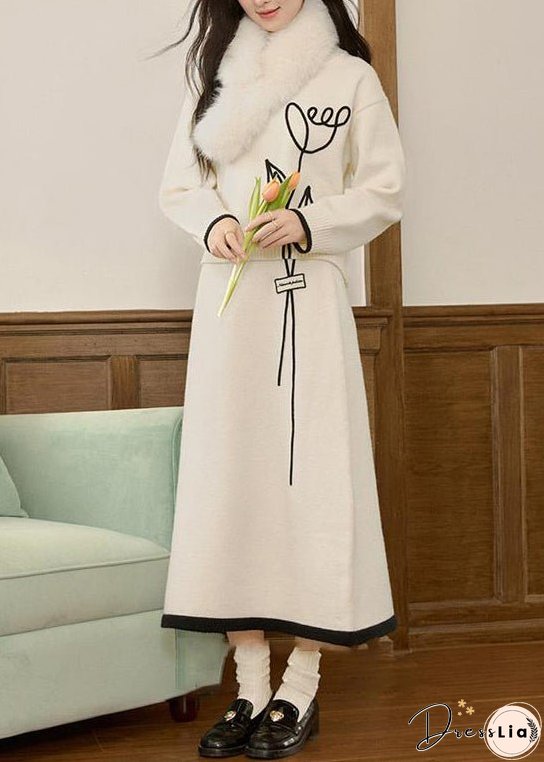 Stylish Beige O Neck Sweaters And Skirts Knit Two Pieces Set Winter