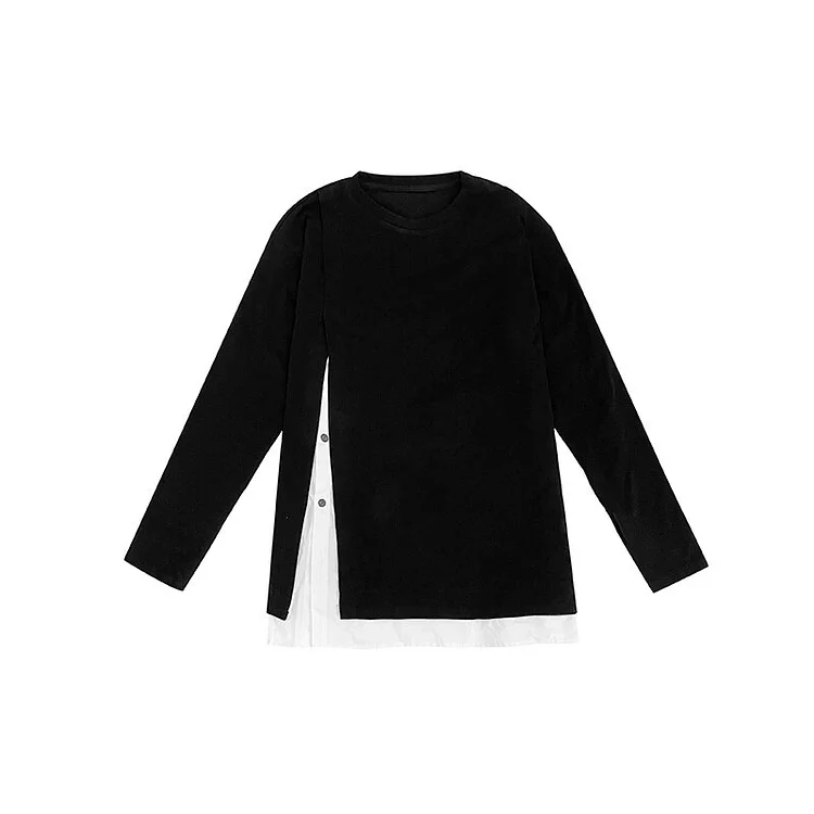 Casual Solid Color O-neck Asymmetrical Patchwork Long Sleeve T-shirt