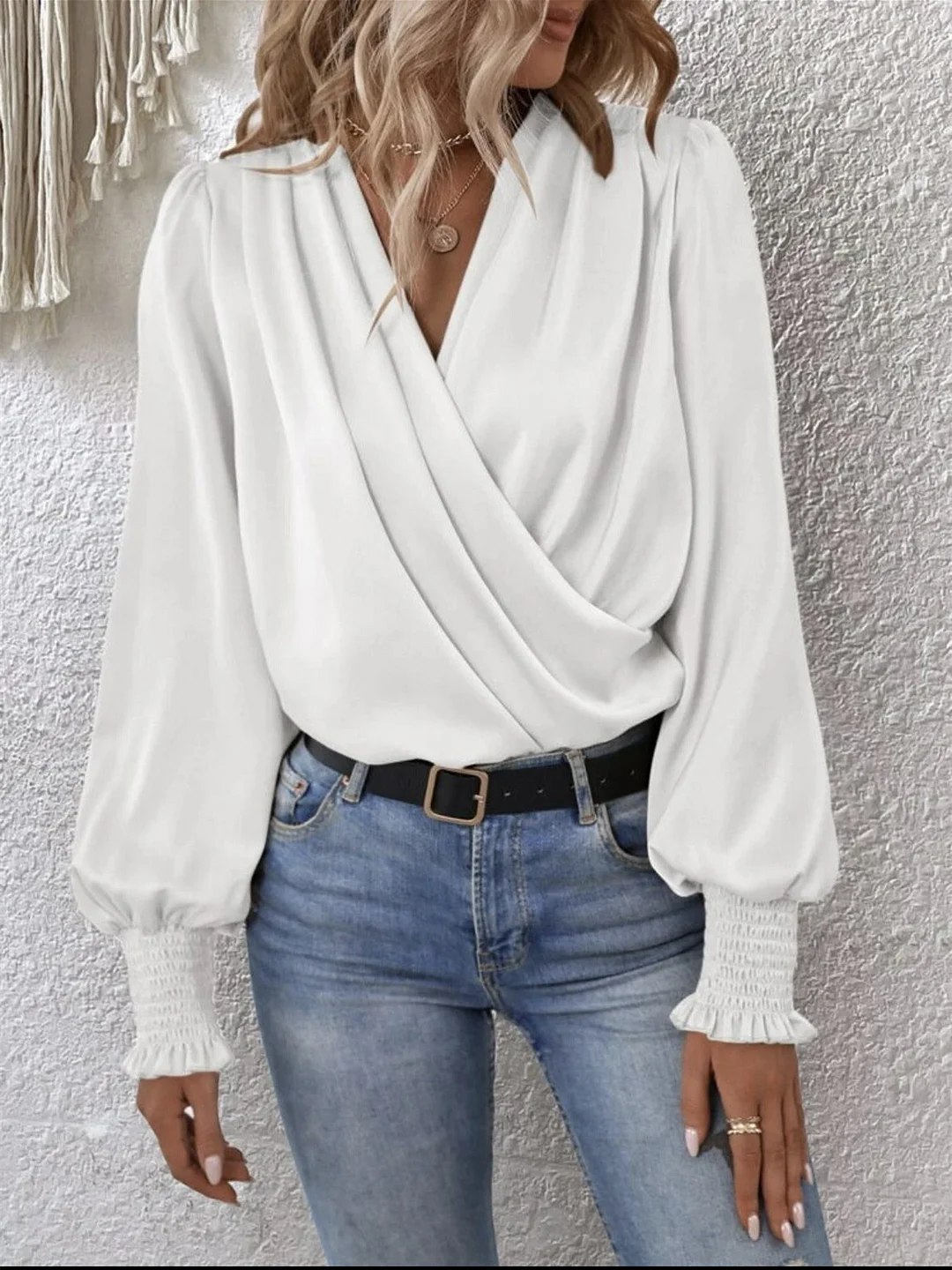 Women Long Sleeve V-neck Solid Color Tops