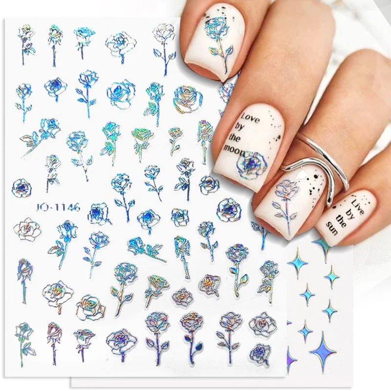 1 Sheet Laser Butterfly Gold Silver Black White 3D Nail Stickers Butterflies Heart Nail Decals Slider DIY Nail Art Decotaion-Nail Inspo