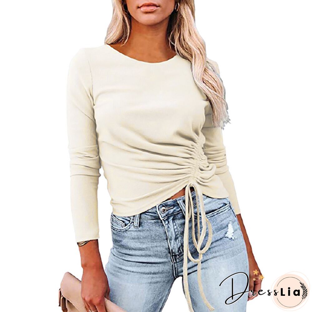 Office Lady Elegant Side Pleated Tops Women Stylish Long Sleeve Solid Color T-Shirt Round Neck Casual Slim Fashion Blouse D30