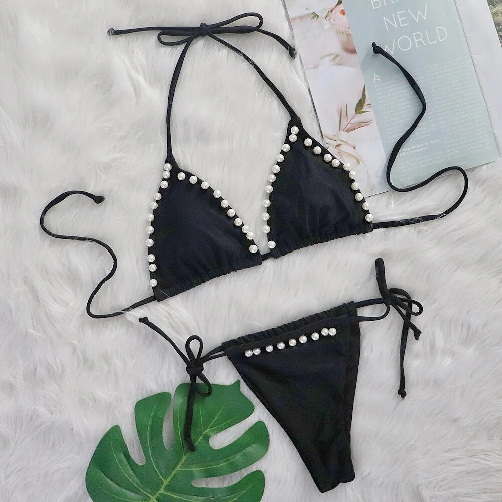 Pongl Pongl 2023 New TIKTOK Web Celebrity Sexy Bikini Solid Color Strap Pearl Swimsuit Split Body Swimsuit