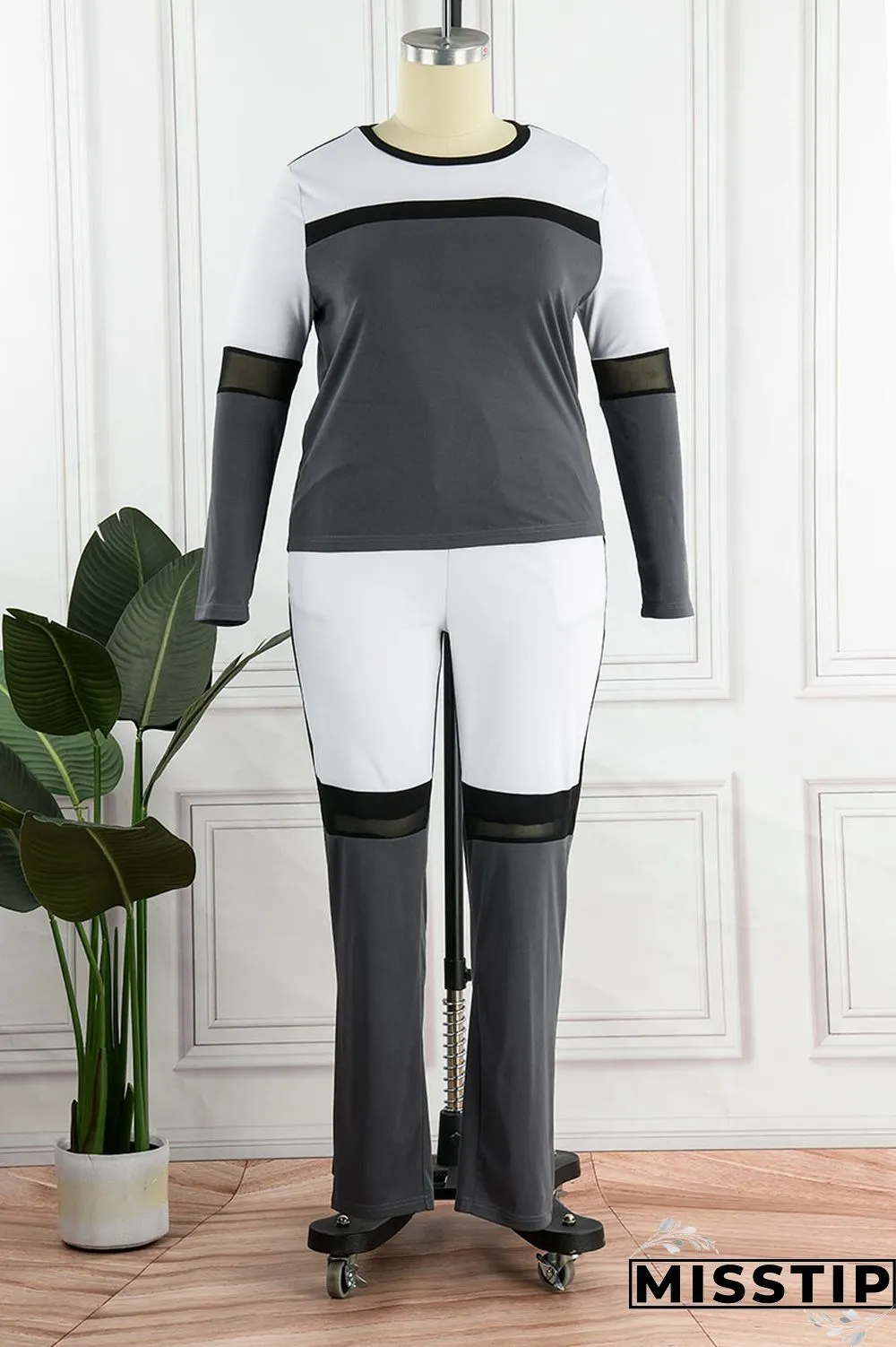 Grey Casual Sportswear Solid Patchwork O Neck Plus Size Two Pieces
