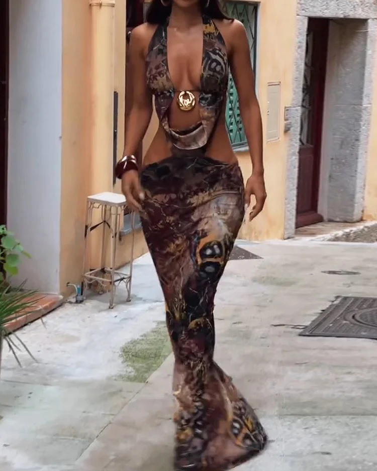 Sleeveless printed hollow dress