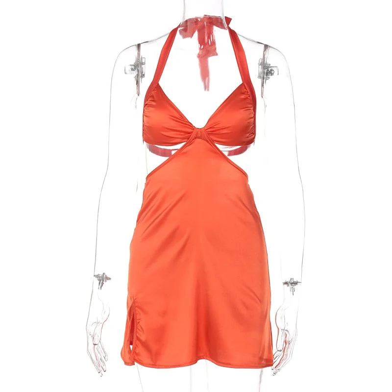 Dulzura Satin Women Halter Mini Dress Slit Lace Up Bandage Hollow Out Backless Sexy Streetwear Party Club Festival 2021 Summer