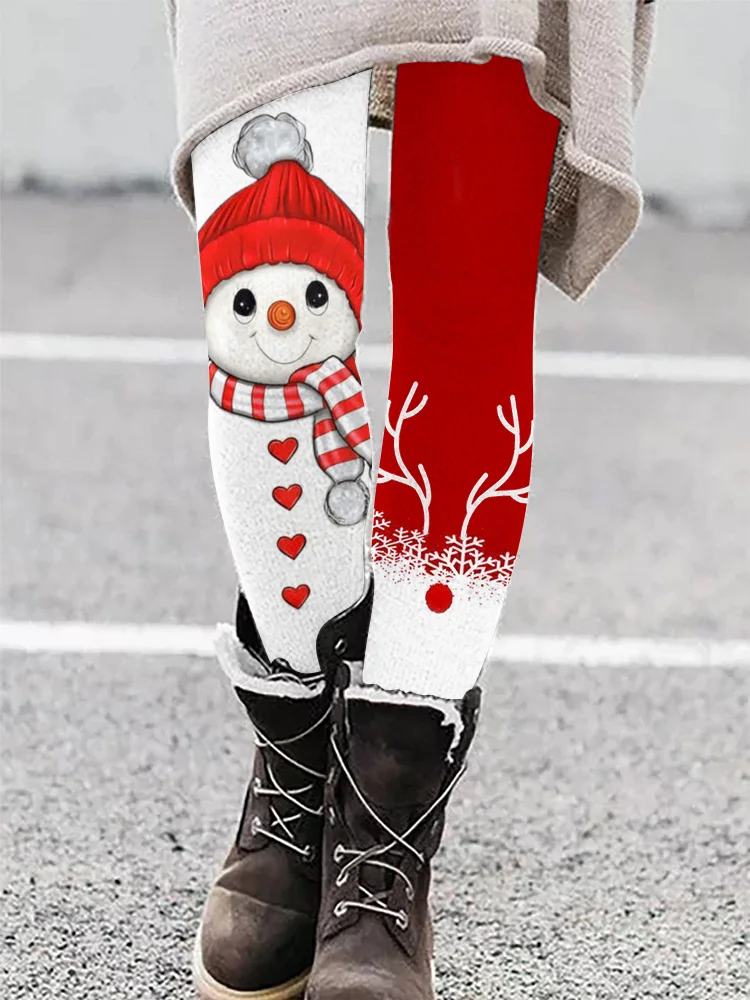 Christmas Deer And Snowman Print Casual Leggings